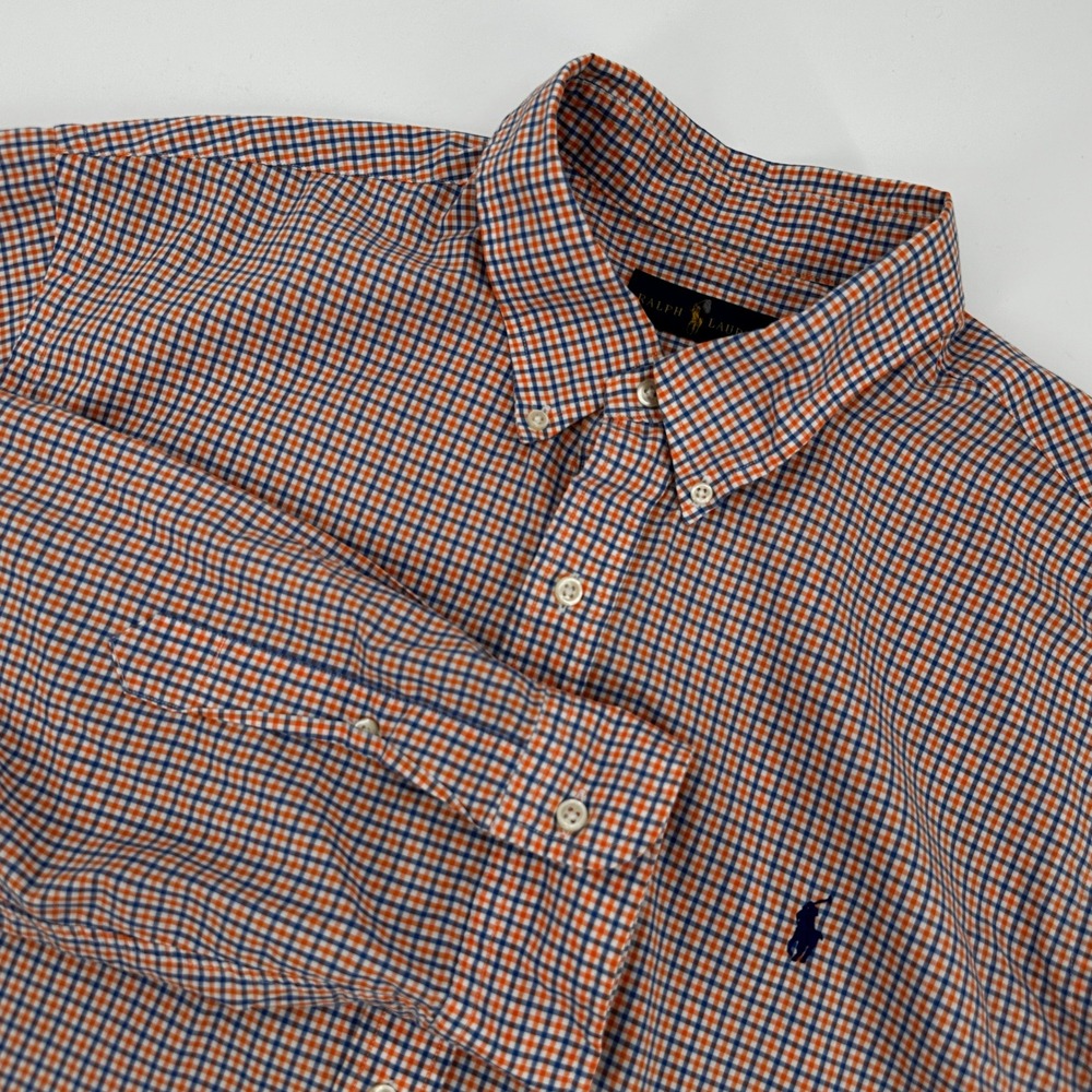 Polo Ralph Lauren Mens XXL Long Sleeve Button Down Dress Shirt Orange Blue Plaid